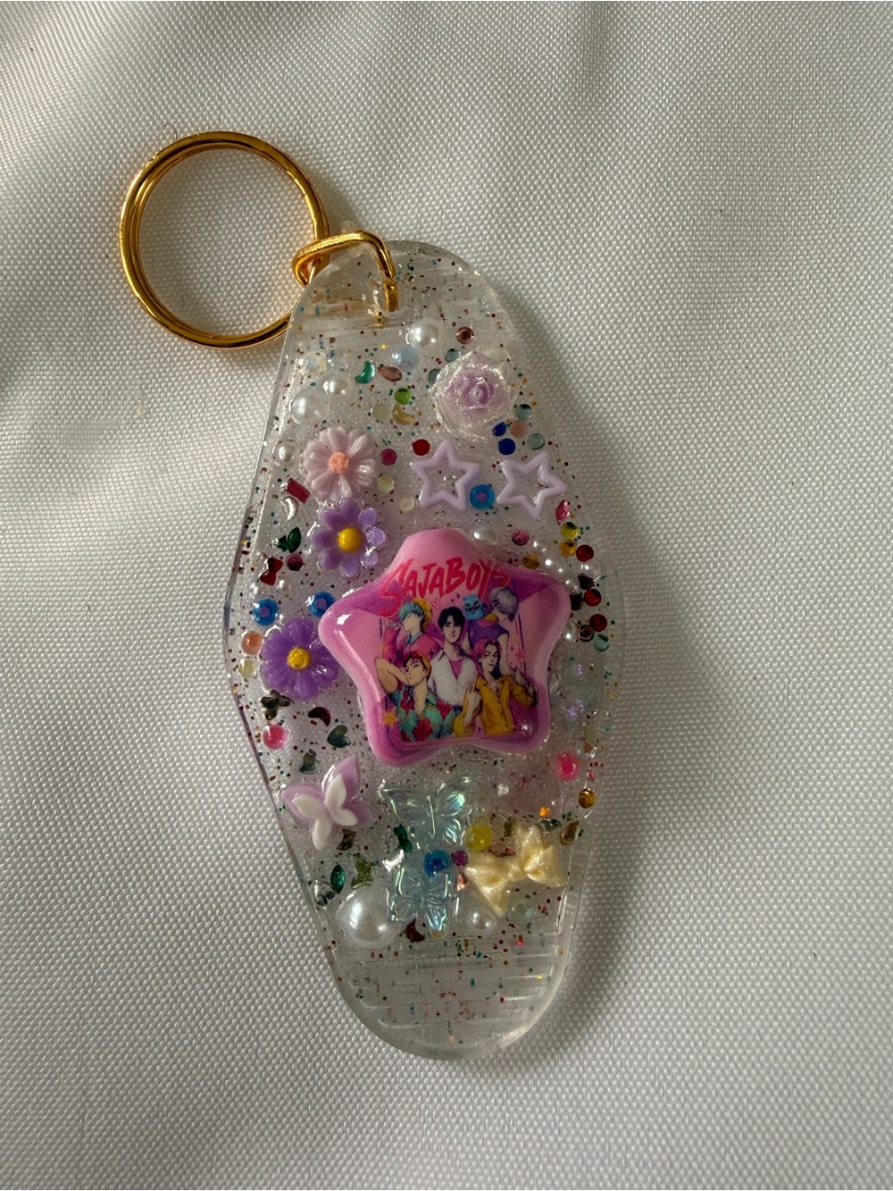 Kawaii Glitter K Pop Saja Boys Keychain with Pink Star Accent